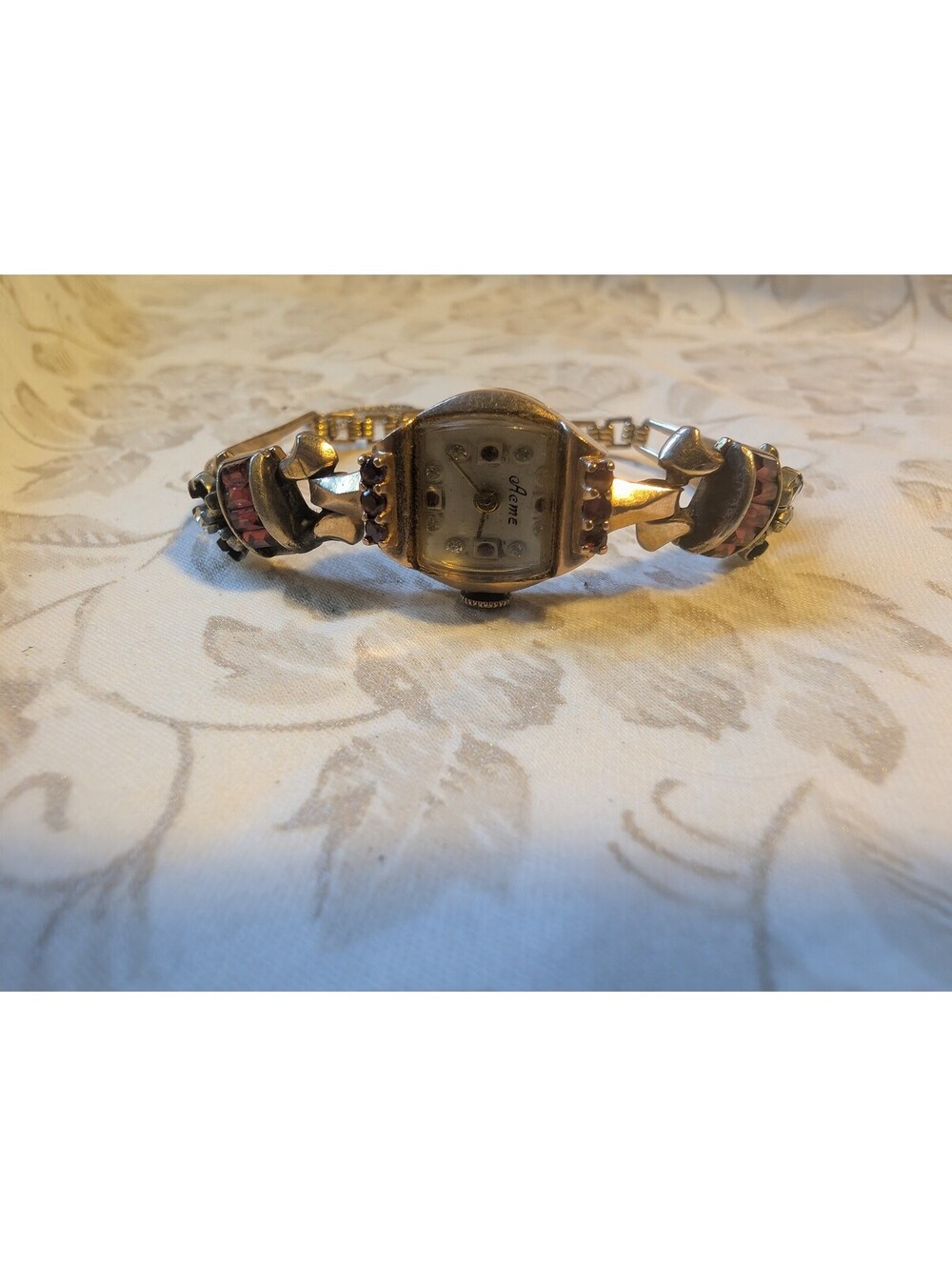 Vintage Jeweled 14 k Gold Women's Watch with Ruby Gem Accents - Picture 3 of 5